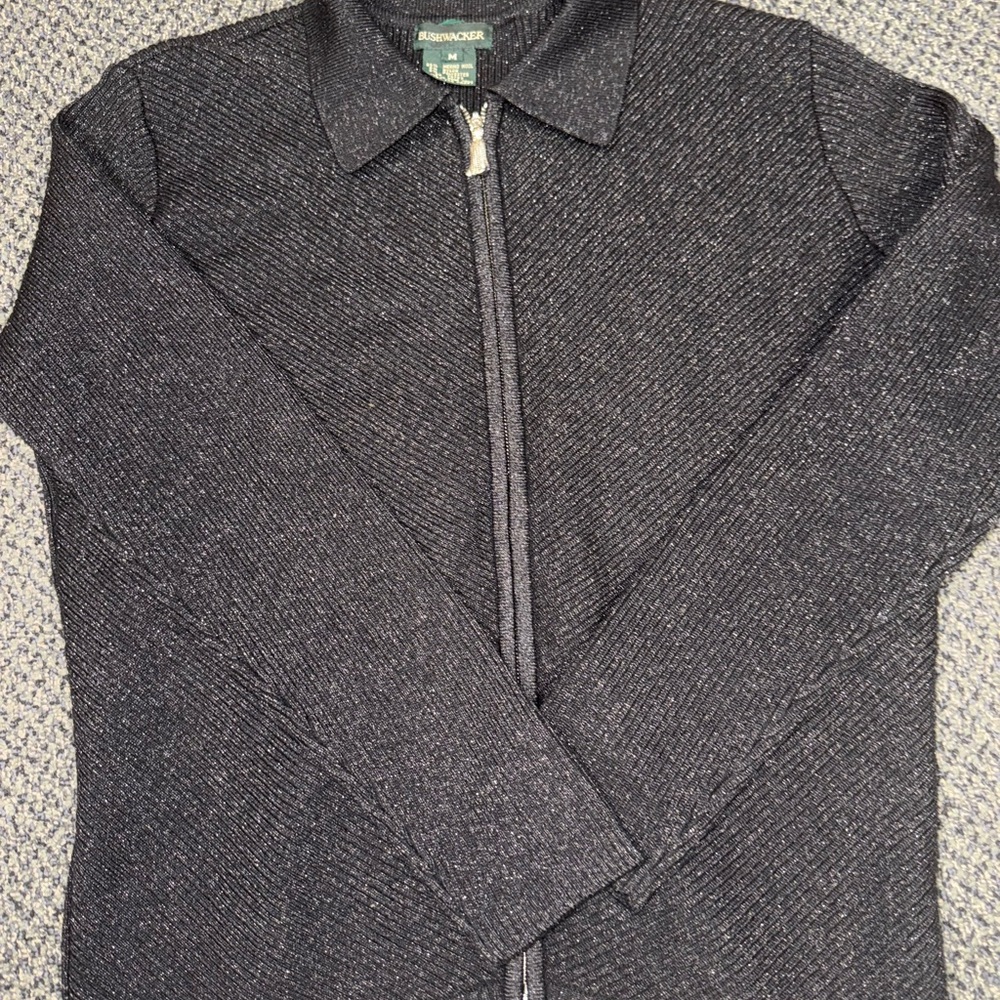 Sparkly Black Bushwacker Merino Wool Blend Women’s Zip Up Sweater Size Medium
